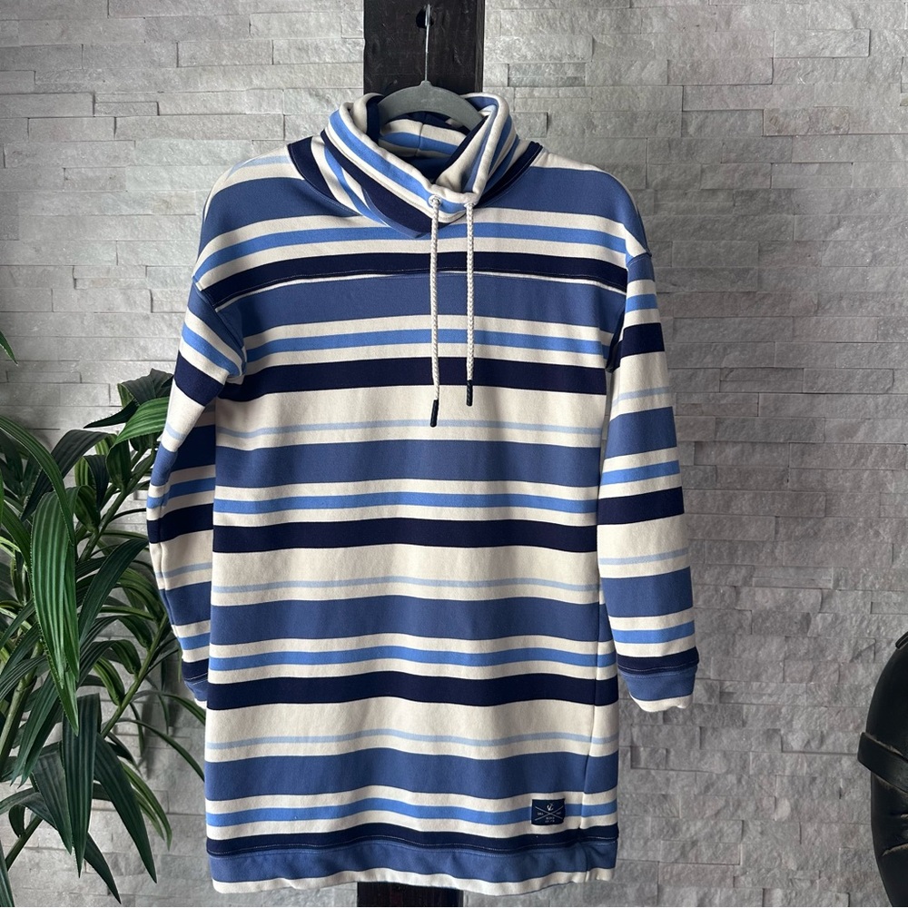 HIHO Blue Ivory Stripe Nautical Funnel Neck Cowl Beach Poolside Dress Size XS
